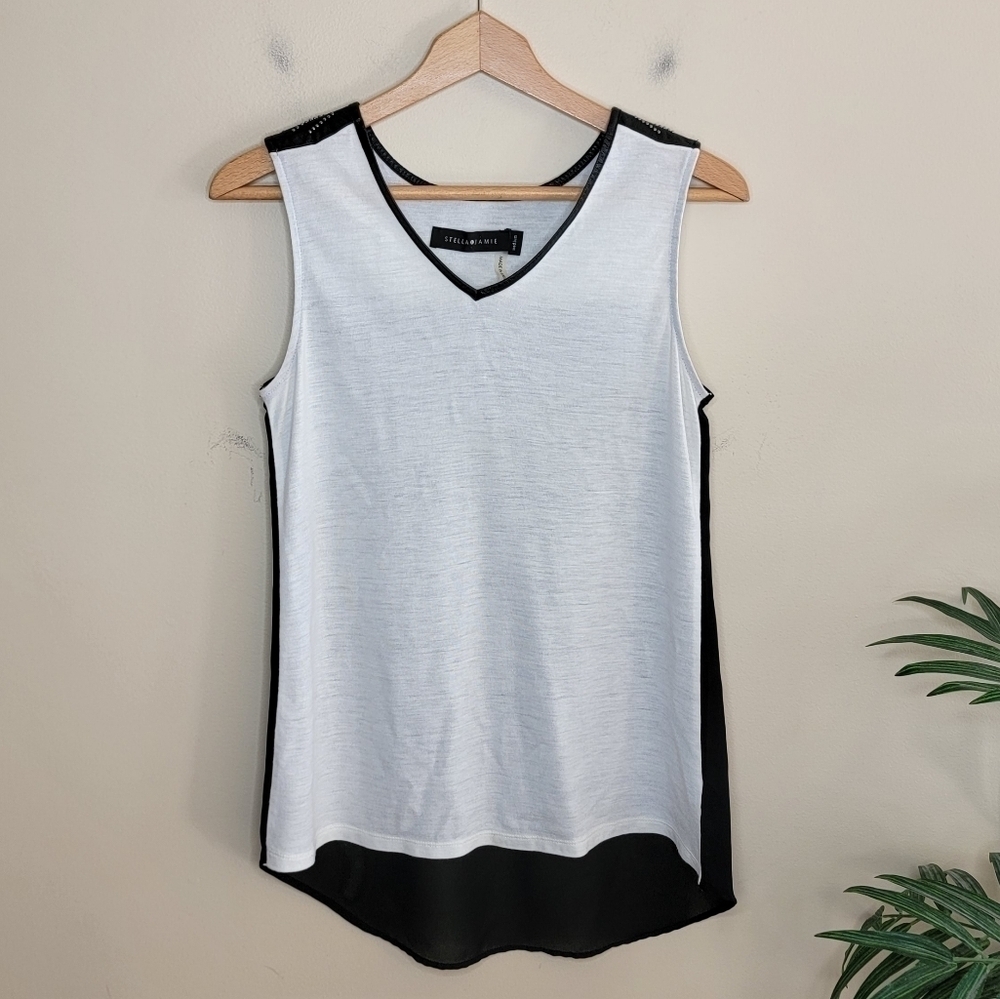 Stella & Jamie Mixed Material Black & White Studded Tank Top Size Medium